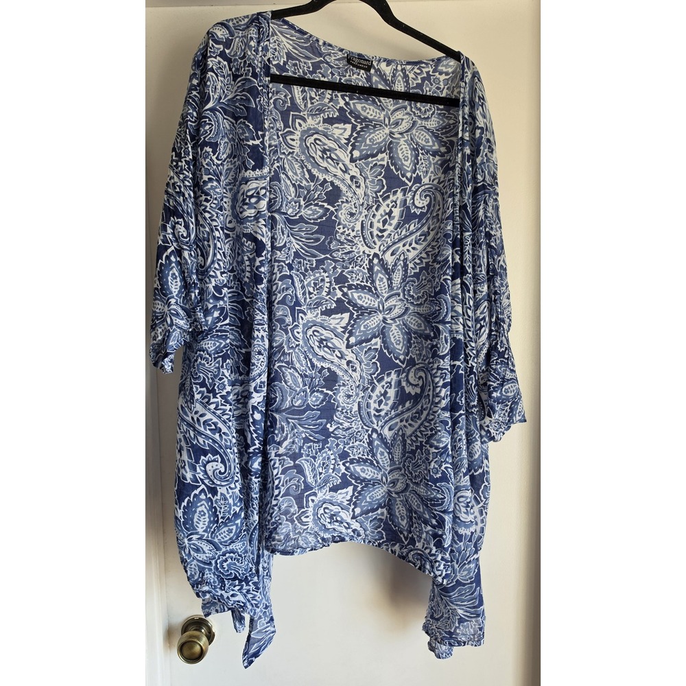 Fragonard Kimono Blue White Cotton Paisley 3/4 Sleeve Boho Casual Wrap Top